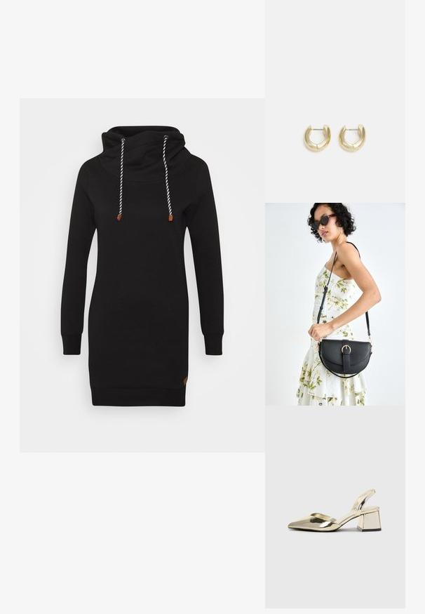 ONLY ONLBETTE - Vestido informal - black; Tacones slingback metálicos dorados con punta afilada y tacón grueso. Textura suave, diseño minimalista y una correa estrecha.; Bolso de piel negra con forma curva, correa desmontable y herrajes dorados. El bolso cuenta con una solapa con un detalle de hebilla.; Pendientes de aro en tono dorado con un acabado suave y pulido. Presentan una forma de medio círculo y un cierre de poste seguro.