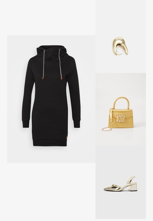 ONLY ONLBETTE - Dnevna haljina - black; Zlatni metalik slingback sandali s šiljatim vrhom i debelim potpeticama. Glatka tekstura, minimalistički dizajn i uski remen.; Žuta torbica od umjetnog krokodila sa strukturiranim dizajnom, gornjom ručkom, odvojivim lančićem i dekorativnim kristalnim ukrasom na kopči.; Zlatne metalne naušnice s elegantnim, zakrivljenim dizajnom. Imaju karakterističan šiljast oblik, poliranu površinu i zatvaranje na šarku.