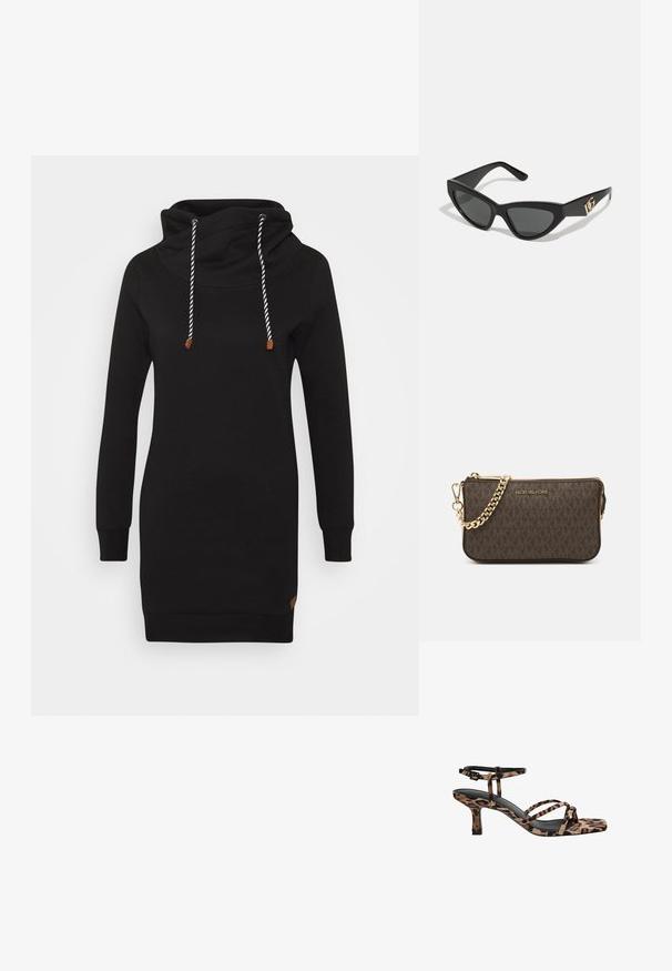 ONLY ONLBETTE - Vestito casual - black; Sandali con tacco in stampa leopardata, con punta quadrata, multiple cinghie e un tacco di altezza media. Realizzati in morbido materiale tessile.; Occhiali da sole a forma di gatto con montatura in plastica nera opaca, lenti scure e un'accensione con logo dorato sulla stanghetta. Design angolare e superficie liscia.; Borsa a tracolla in pelle marrone con motivo logo, tracolla in catena dorata, chiusura con zip e dettagli in metallo dorato. Forma compatta e rettangolare.