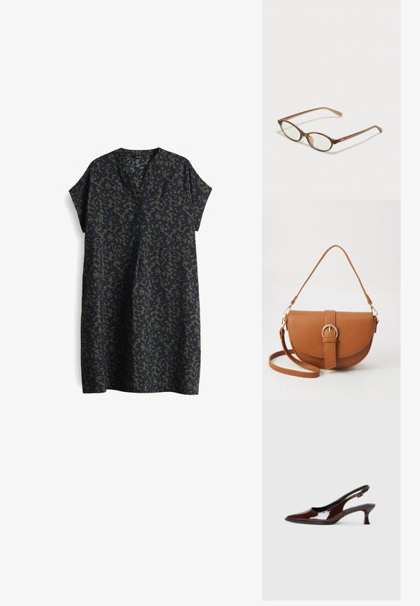 Donker marineblauwe jurk met een losse fit, korte mouwen en een V-halslijn. Voorzien van een camouflagepatroon in donkergroene en lichtgroene tinten.; Bruine gepatineerde leren slingback-schoen met een spitse neus en een gematigd hakje. Voorzien van een gespsluiting voor een veilige pasvorm. Glad van textuur.; Bruine schildpadbril met ovale lenzen, dunne armen en transparante accenten. Heeft een subtiele logo op de tempel. Strak, lichtgewicht ontwerp.; Bruine leren schoudertas met een gebogen vorm, gouden hardware en een gespaccent. Bevat een afneembare schouderriem.