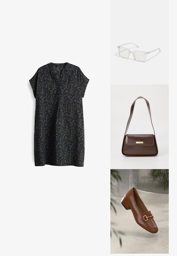 Dunkelblaues Kleid mit lockerer Passform, kurzen Ärmeln und V-Ausschnitt. Besitzt ein Tarnmuster in dunklen und hellen Grüntönen.; Braune Lackleder-Loafer mit quadratischer Zehenpartie, metallischem Kettenakzent und niedrigem Blockabsatz; glatte Textur, minimalistisches Design.; Klare, quadratische Kunststoffbrillen mit durchsichtigen Gläsern, die goldene Akzente an den Bügeln für zusätzliche Details aufweisen.; Braune Lederschultertasche mit strukturierter Form, ausgestattet mit einem magnetischen Klappenverschluss und einem metallischen Logoakzent auf der Vorderseite.
