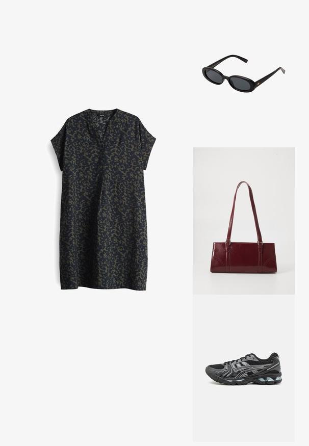 Dunkelblaues Kleid mit lockerer Passform, kurzen Ärmeln und V-Ausschnitt. Besitzt ein Tarnmuster in dunklen und hellen Grüntönen.; Schwarze Sportschuhe mit Mesh-Obermaterial, silbernen Akzenten und gepolsterter Sohle. Verfügt über ein Schnürdesign und ein strukturiertes Profil für besseren Halt.; Schwarze, oversized Sonnenbrillen mit ovalen Gläsern, glattem Kunststoffrahmen und goldenen Akzenten an den Bügeln. Die dunklen Gläser bieten Sonnenschutz.; Burgunderfarbene Handtasche aus glänzendem Material, rechteckige Form, mit zwei Schulterriemen und subtilen, geschwungenen Akzenten an der Vorderseite.