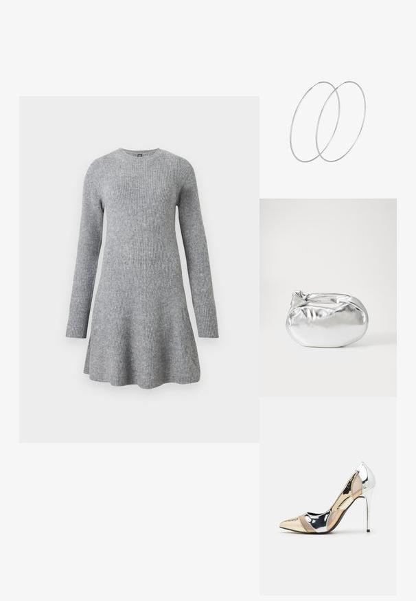 Pelēka adīta kleita ar garām piedurknēm, apaļu kakla izgriezumu, brīvu piegriezumu un smalku ribotu tekstūru. Svārki nedaudz paplašinās uz apakšu.; Apspīlēta augstpapēžu kurpe ar zeltītu, sudrabi un neitrālu krāsu kombināciju. Spīguļojoša virsma ar izgriezuma dizainu, aprīkota ar stiletto papēdi.; Sudraba metāliska poga somiņa ar mīkstu, noapaļotu formu un mezgla augšējo aizdari. Izgatavota no gludas mākslīgās ādas materiāla.; Sudraba gredzenveida auskari ar minimālistisku dizainu. Cirkulāra forma, gluda tekstūra un plāns profils. Vieglu svaru ar spīdīgu apdari.