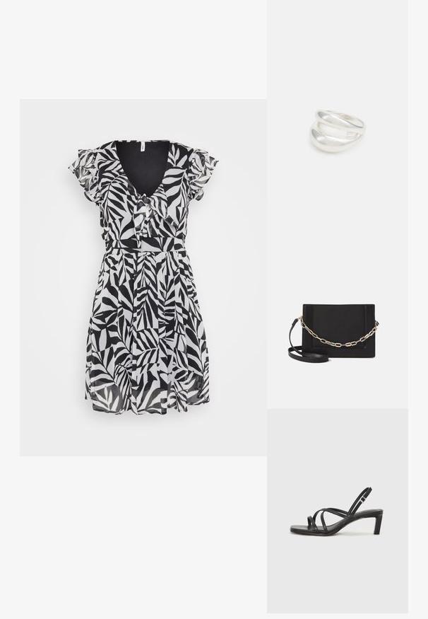 Juoda ir balta suknelė su lapų raštu, pūkuotomis rankovėmis, V formos iškirptė ir juosmens raištis. Pagaminta iš lengvos medžiagos, turi platėjančią sijoną.; Juodi šlepetės su kvadratiniu pirštu ir žemu bloku kulnu. Yra keli ploni dirželiai ir reguliuojamas kulkšnies diržas. Pagaminti iš lygios odos.; Juodas odinis per petį nešiojamas krepšys turi lygų paviršių, stačiakampio formą ir metalinę grandinėlę priekyje. Pridedama reguliuojama dirželis.; Sidabrinis dvigubas žiedas su lygiu, poliruotu paviršiumi. Pasižymi sklandžiu, kreiptu dizainu su persipinančiomis dalimis, suteikiančiomis modernų išvaizdą.