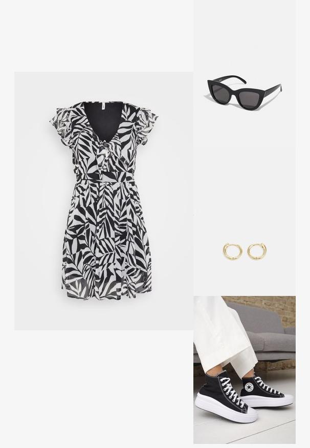 Musta-valkoinen mekko, jossa on lehtikuvio, liehuvat hihat, v-pääntie ja vyötärönauha. Valmistettu kevyestä kankaasta, jossa on laajakaarinen hame.; Mustat korkeavartiset tennarit, joissa valkoiset kumipohjat ja nauhat. Koristettu pyöreällä logotarralla ja valkoisilla kontrastisaumoilla. Materiaali on canvas.; Mustat kissansilmäaurinkolasit, joissa on matta pinta, harmaansiniset linssit, terävät kulmat ja tyylikkäät sivuvarret. Brändin nimi näkyy sisävarsissa.; Kultaketjuveljet, joissa on sileä ja pyöristetty muotoilu. Varustettu pienellä saranalukolla, kevyen näköinen ja kiiltävä pinta.