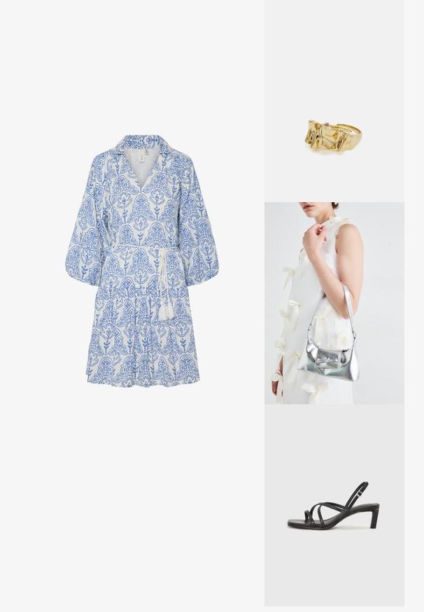 Lyhythihainen, kauluksellinen mekko valkoisesta kankaasta sinisillä kukkakuoseilla, vyötetty vyötäröltä tupsuilla. Sisältää rennon, hulmuavan muotoilun.; Mustat hihnalligat, joissa on neliön muotoinen kärki ja matala lohkokorko. Ominaisuuksiin kuuluu useita ohuita hihnoja ja säädettävä nilkkahihna. Valmistettu sileästä nahasta.; Harmaa metallinhohtoinen käsilaukku, jossa on jämäkkä muotoilu. Laukussa on yläkahva ja etuosassa kauniisti koristeena solmukkeen yksityiskohta. Pinnassa on sileä tekstuuri ja heijastava viimeistely.; Kullanışlı bir ayarlanabilir yüzüğe sahip, üç belirgin zirveye sahip dokulu, dalgalı düzene sahip altın yüzük. Düzgün, parlak yüzey ve açık bant ile tasarlanmış.