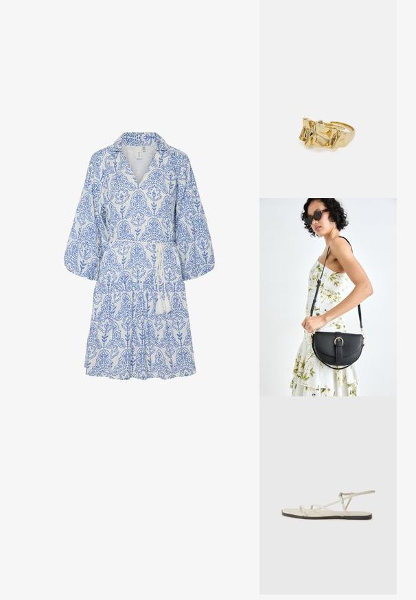 Kratki rokavi, ovratni obleki iz belega blaga z modrim cvetličnim vzorcem, z pasom in resicami. Ima ohlapen, tekoč dizajn.; Beige ravne sandale z več tankimi trakovi in nastavljivim zaponcem. Podplat je raven z rahlo temnim kontrastom na robu.; Črna usnjena torbica s ukrivljeno obliko, z odstranljivo naramnico in zlatimi dodatki. Torbica ima pokrov s podrobnostmi v obliki zaponke.; Zlati prstan z teksturiranim, valovitim dizajnom, ki ima tri izrazite vrhove. Gladka, sijoča površina z odprtim pasom za prilagodljivo prileganje.