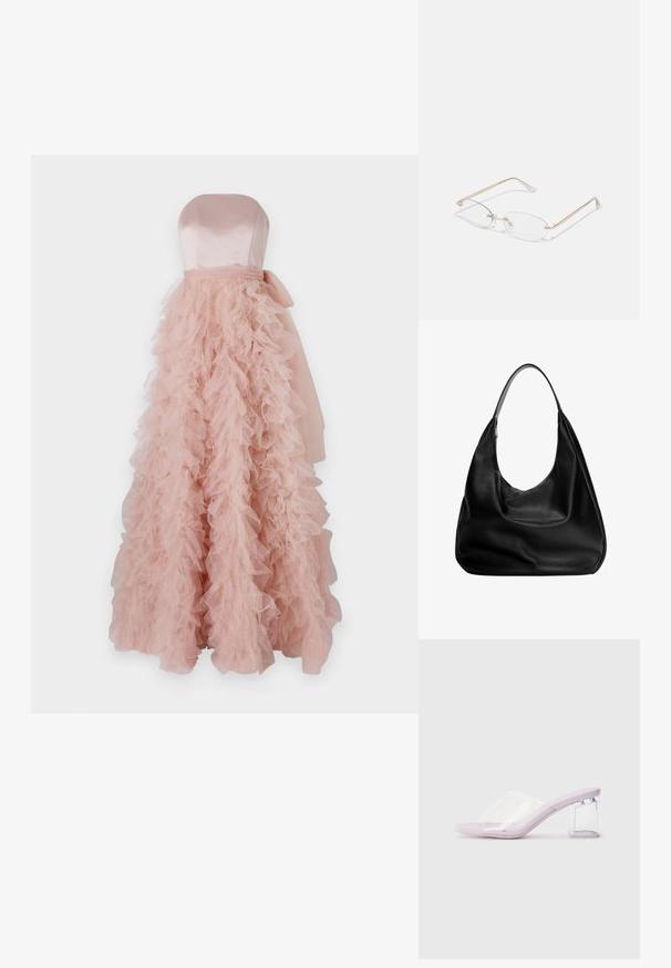 Ida Sjöstedt FRANCES różowy; Liliowe klapki na obcasie z przezroczystą górą z plastiku i przezroczystym słupkiem. Gładka tekstura, otwarty nos, minimalistyczny kształt.; Złote metalowe okulary z owalnymi soczewkami, cienkimi zausznikami i przezroczystymi noskami. Posiadają subtelne akcenty zawiasów oraz przezroczyste soczewki.; Czarna skórzana torba hobo o swobodnym fasonie, szerokim pasku na ramię i gładkiej fakturze. Posiada pojedyncze zapięcie na zamek z boku.