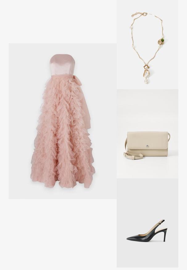 Ida Sjöstedt FRANCES GOWN - Îmbrăcăminte de ocazie - rose; Cizme negre din piele cu toc înalt slingback, cu vârf ascuțit, curea ajustabilă și un toc stiletto elegant, având un finisaj neted.; Geantă de umăr din piele bej cu închidere prin clapetă, accesorii din metal argintiu și un mâner detașabil. Textură netedă și formă rectangulară simplă.; Colier din metal auriu, cu verigi răsucite, perle albe și un accent din piatră verde. Prezintă detalii intricate și un sistem de închidere.