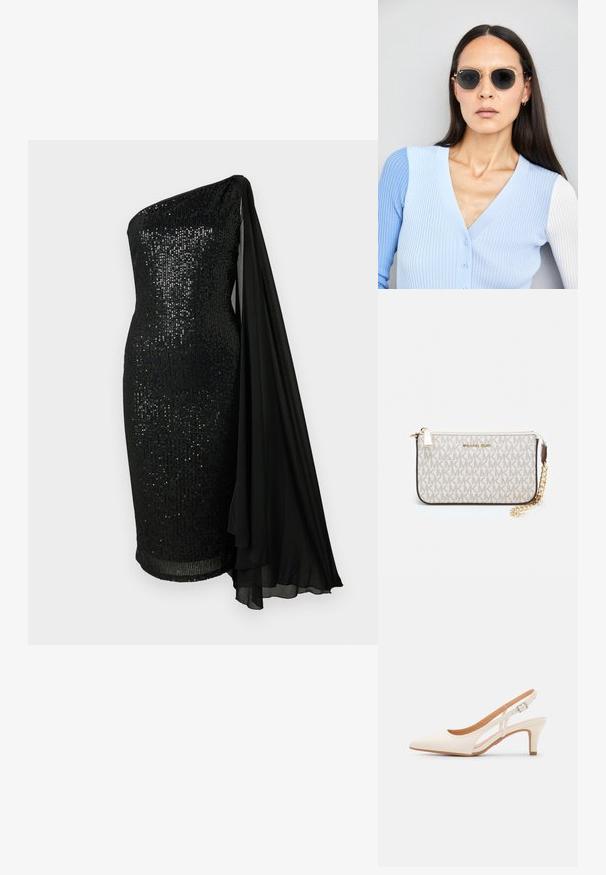 Mustmust riiet, ühe õlavarre disainiga. Omab voolavat musta šifoonist katteta, mõnusalt keha järgivat sihveti ja põlve pikkust hemmi.; Valge slingback konts, terava ninaga, siledast ülemisest materjalist, madala ploki kontsaga ja külgse nähtavusega ning reguleeritava pandla rihmaga.; Ringikujulised prillid tumedate läätsede ja kullast raamiga. Mudel on selga pannud helesinise soonikuga kardigani, millel on nupud ja kontrastsed valged varrukad.; Michael Korsi randmevõru beige kaetud kangast, millel on korduv MK logo muster, kuldne riistvara ja eemaldatav ahelistrap.