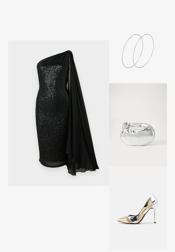 Čierne šaty s flitrami a jednoramenným dizajnom. Obsahujú splývavý čierny chiffonový plášť, priliehavý strih a dĺžku po kolená.; Lodičky s špičatou špičkou v striebornom, zlatom a telovom farebnom prevedení. Lesklý povrch s výrezovým dizajnom, s ihlovým opätkom.; Strieborná metalická taška s mäkkým, zaobleným tvarom a uzáverom s uzlíkom. Vyrobená z hladkej syntetickej kože.; Strieborné kruhové náušnice s minimalistickým dizajnom. Cirkulárny tvar, hladký povrch a tenký profil. Ľahké s lesklým povrchom.