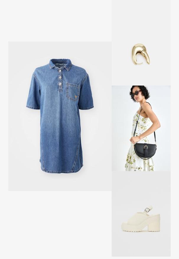 Sukienka polo z dżinsu w jasnoniebieskim kolorze, z kołnierzykiem, krótkimi rękawami, czterema guzikami oraz naszywaną kieszonką na lewej piersi.; Białe buty na platformie z otwartym palcem i paskiem na pięcie. Wykonane z teksturowanego materiału, z grubą podeszwą z wzorami zapewniającymi przyczepność.; Czarna skórzana torebka o zakrzywionym kształcie, z odpinanym paskiem i złotymi akcentami. Torebka posiada klapę z zapięciem w kształcie klamry.; Złote metalowe kolczyki o eleganckim, zakrzywionym kształcie. Posiadają charakterystyczny szpiczasty kształt, polerowaną powierzchnię oraz zapięcie na zawias.