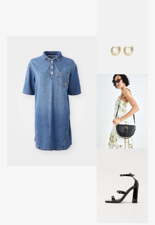 Denim haljina s polo ovratnikom u svijetloplavoj boji, s ovratnikom, kratkim rukavima, placketom s četiri gumba i zakrpa džepom na lijevoj strani prsiju.; Crne lakirane sandale na pete sa kvadratnim nosom, trakama oko gležnja i srebrnim kopčama. Imaju čvrst blok petu za stabilnost.; Crna kožna torba s lukovitim oblikom, odvojivim remenom i zlatnim detaljima. Torba ima preklop s kopčom.; Zlatne okrugle naušnice s glatkom, sjajnom završnom obradom. Imaju polukružni oblik i sigurni sistem kopčanja na post.