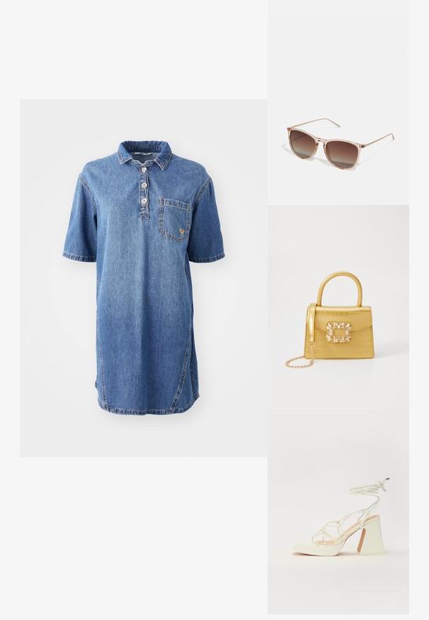 Denim-poolopaita mekko vaaleansinisessä, jossa on kaulus, lyhyet hihat, neljän napin lista ja rintatasku vasemmalla puolella.; Valkoinen korkokenkä, jossa on paksu korko, ja joka sisältää nauhakiinnityksen ja nilkkaketjun. Sujuva pinta, jossa on platform-etupohja lisäkorkeutta varten.; Ruskean sävyinen aurinkolasimalli, jossa on läpikuultava vaaleanpunainen runko, neliömäinen muoto ja ohuet metalliset varret. Lasimallissa on pyöristetyt reunat ja minimaalinen yksityiskohtaisuus.; Keltainen keinonahkainen krokotiililaukku, jossa on jämäkkä muotoilu, yläkahva, irrotettava ketjusanka ja koristeellinen kristallikoristelu lukossa.