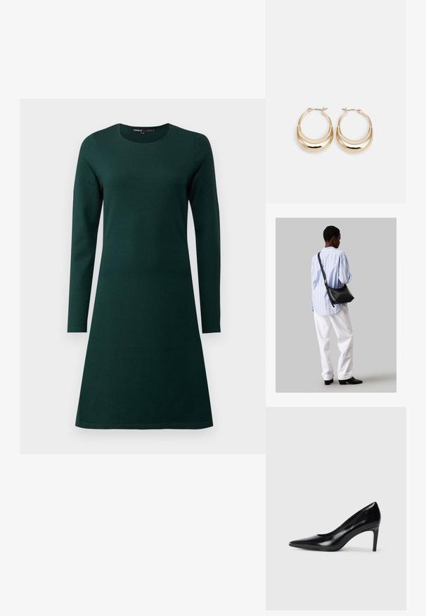 Σκούρο πράσινο φόρεμα με μακριά μανίκια και στρογγυλή λαιμόκοψη, σε σχήμα Α, απαλή υφή και ελάχιστες λεπτομέρειες. Λείου υφάσματος, μέχρι το γόνατο.; Μαύρο δερμάτινο ψηλοτάκουνο παπούτσι με μυτερή μύτη, λεία υφή και κοφτό τακούνι. Μινιμαλιστικός σχεδιασμός, χωρίς επιπρόσθετες διακοσμήσεις.; Μαύρη δερμάτινη τσάντα ώμου με απαλή υφή, τριγωνικό σχήμα και ρυθμιζόμενο λουρί, συνδυασμένη με ένα ανοιχτό μπλε ριγέ πουκάμισο και λευκό παντελόνι.; Χρυσές σκουλαρίκια σε σχήμα μισοφέγγαρου, με γυαλιστερή επιφάνεια και κλείσιμο με μεντεσέ. Η λεία υφή και η ανακλαστική φινίρισμα ενισχύουν την ορατότητα.