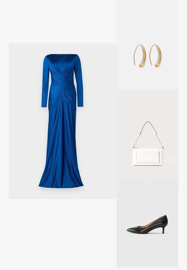 Et Ochs THEA GOWN - Roupa de cerimónia - sapphire; Sapato de salto alto em pele preta com bico fino, salto baixo e textura suave. Apresenta uma ligeira abertura na parte da frente e mínima ferragem na parte de trás.; Bolsa de mão branca em couro com acabamento texturizado, featuring a corrente dourada e detalhes pretos. Inclui um bolso frontal e fecho com zipper.; Brincos em metal dourado com forma de arco alongado e curvado. Apresentam uma superfície lisa e brilhante, com uma ponta arredondada para um detalhe adicional.