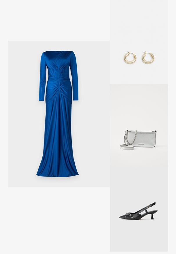 Et Ochs THEA GOWN - Pidulikud riided - sapphire; Must must have must toote tõmblukuga, dekoratiivsed rihmad metallist silmadega ja madal blokk-kand. Tekstureeritud pind.; Hõbedane nahkne õlakott, millel on tekstuuriga viimistlus, ahel- ja rihmaaktsendid ning lukuga lukustus. Esiküljel on logo.; Lauren Ralph Lauren BASIC SMALL HOOP - Kõrvarõngad - gold-coloured