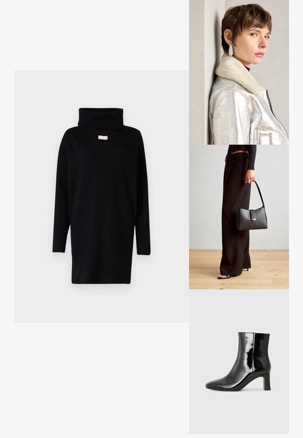 Maglione nero a maglia con collo alto a imbuto, maniche lunghe e scollo a V. Presenta una texture a coste sul colletto e sui polsini.; Stivaletto in pelle verniciata nera con punta a punta e tacco a blocco di altezza media. Texture liscia e design minimalista.; Borsa nera con forma strutturata, texture liscia e una chiusura metallica. Abbinata a pantaloni neri larghi e sandali open-toe su un pavimento in legno.; Giacca in pelle metallizzata argento con collare in shearling, dotata di chiusura zip e superficie texture. Orecchini a goccia grandi con gemme trasparenti.