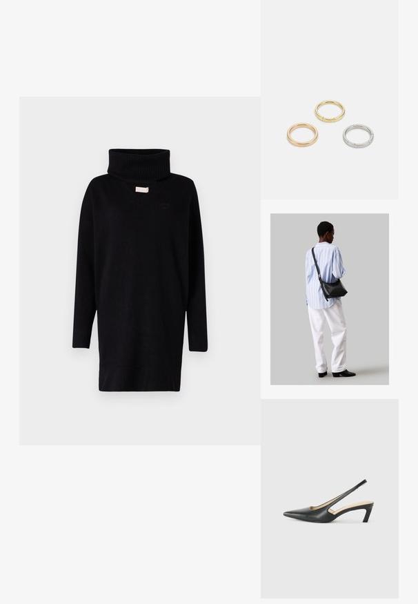 Mustapohjainen neulepaita, jossa on korkea putkimainen kaulus, pitkät hihat ja v-mallinen kaula-aukko. Kauluksessa ja hihansuissa on ribbitekstuuri.; Musta, kärjeltään terävä slingback-kengä, jossa on matala korko. Kengässä on sileä nahkamateriaali ja sivuilla leikkaukset hengittävyyttä varten.; Musta nahkainen olkalaukku, jossa on pehmeä rakenne, kolmion muoto ja säädettävä hihna, yhdistettynä vaaleansiniseen raidalliseen paitaan ja valkoisiin housuihin.; Kolme metallirengasta: yksi ruusukultainen, yksi kultainen teksturoiduilla yksityiskohdilla ja yksi hopeinen, kaikki kaiverretulla brändäyksellä sisäpuolella.