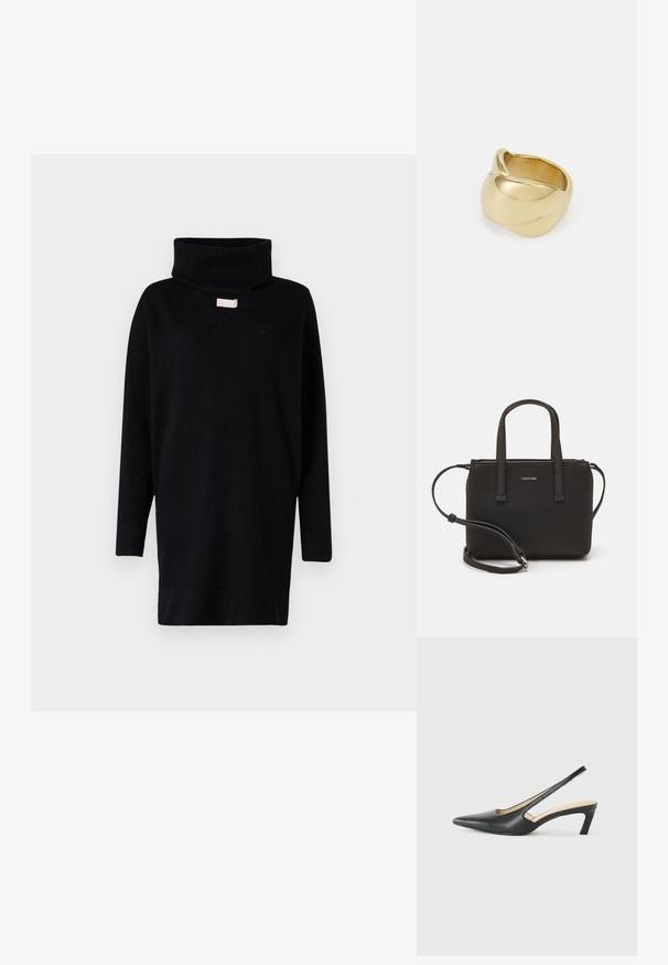 Černý pletený svetr s vysokým stojáčkem, dlouhými rukávy a véčkovým výstřihem. Obsahuje žebrovanou strukturu na límci a manžetách.; Černý špičatý slingback s nízkým podpatkem, vyrobený z hladké kůže, s výřezem na boku pro lepší prodyšnost.; Černá kabelka s dvojitými krátkými uchy a odnímatelným ramenním popruhem. Hladký koženkový materiál s uzávěrem na zip a detailem loga.; Zlatý prsten s hladkým, zkrouceným designem. Vyznačuje se lesklým povrchem a zaoblenými hranami, což vytváří bezproblémový, plynulý tvar.
