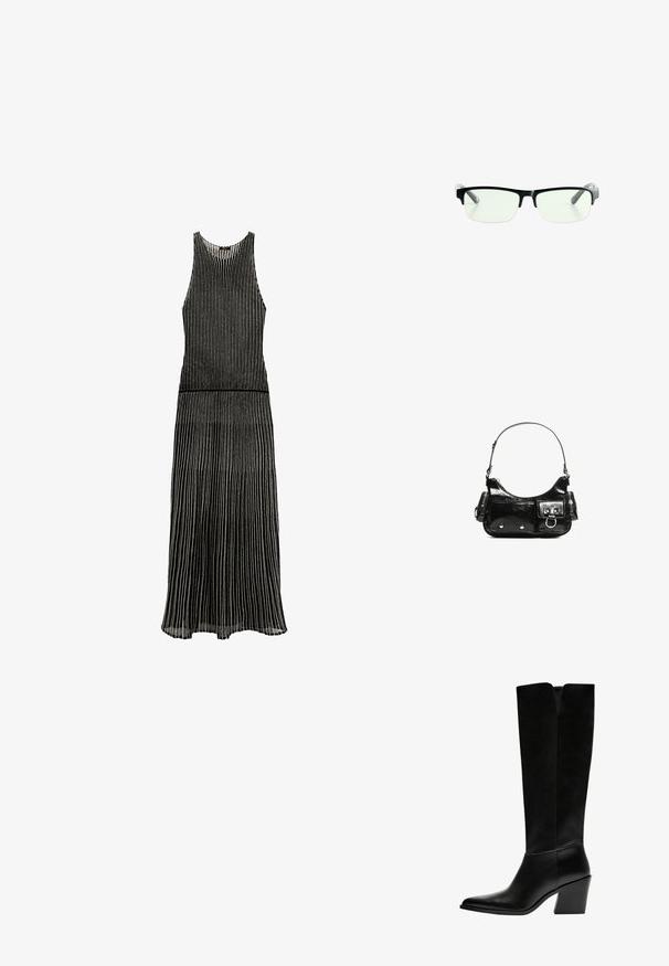 Czarna sukienka w pionowe paski, bez rękawów, okrągły dekolt i zwiewna spódnica, która delikatnie rozszerza się u dołu.; Czarne kozaki do kolan wykonane z gładkiej skóry, z ostro zakończonym noskiem, blokowym obcasem i wycięciem w kształcie litery V na górze.; Czarne prostokątne okulary z przezroczystymi soczewkami, posiadające eleganckie czarne oprawki i szare transparentne końcówki zauszników. Minimalistyczny design, bez widocznego logo.; Czarna torebka z lakierowanej skóry o zaokrąglonym kształcie, z jednym paskiem na ramię, przednimi kieszeniami i akcentami w kolorze srebrnym.
