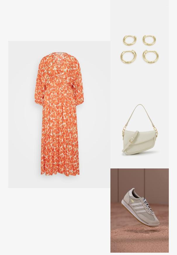 MSCH Copenhagen 3/4 DRESS - Velika haljina - tigerlily; adidas Originals SL 72 RS UNISEX - Tenisice - grey one/footwear white/crystal white; Mala krem torbica s teksturiranim finišom, dugačkim podesivim remenom, lančanim detaljem i preklopom. Zlaćani hardver.; Zlatne kružne naušnice, četiri komada, glatka završna obrada, zaobljenog dizajna, različitih veličina, s kavljem za lako stavljanje.