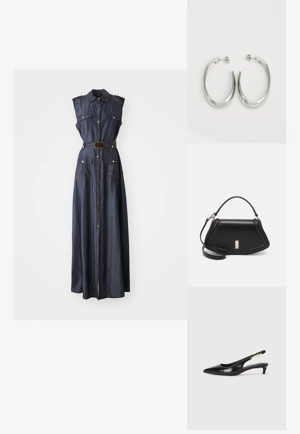 Denim sleeveless dress with button closure, side pockets, and a wide belt. Dark blue color with gold-tone hardware accents. Long, flowing design.; Black leather slingback heels with a pointed toe, featuring a slim heel and a gold-tone accent on the adjustable strap. Smooth texture.; Black leather handbag with a structured design, featuring a cropped shape, top handle, and gold hardware accent. Adjustable shoulder strap included.; Silver hoop earrings with a smooth, curved design. Features a shiny metallic finish and stud closure. No visible patterns or accents.