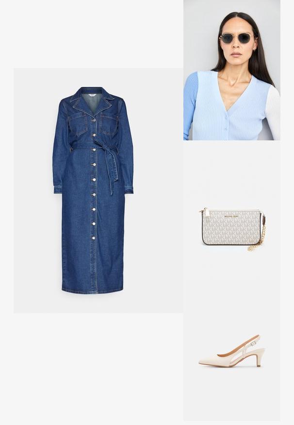Farmer nadrágból készült, hosszú ujjú ruha, elülső zsebekkel és övvel ellátva. Teljes gombolással és egyenes szegéllyel rendelkezik sötétkék színben.; Fehér slingback sarok, hegyes orral, sima felső anyaggal, alacsony blokk sarkával és oldalsó kivágott dizájnnal, állítható csatpánttal.; Kerek napszemüveg sötét lencsékkel és arany kerettel. A modellen világoskék, bordázott kardigán van gombokkal és kontrasztos fehér ujjaival.; Michael Kors bézs bevonatos vászon karkötő, amely ismétlődő MK logó mintával, aranyszínű fémrészletekkel és levehető lánchordóval rendelkezik.