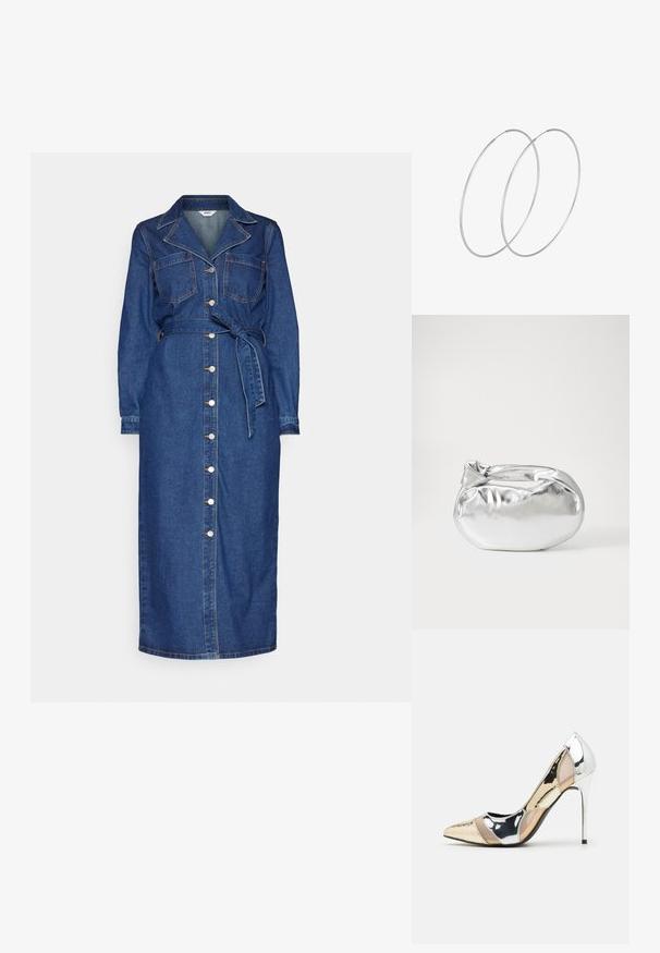 Denim-kjole med lange ærmer, frontlommer og tildelt talje. Har en fuld knaplukning og lige kant i mørkeblå.; Korkokenkät, joissa on terävä kärki ja hopea, kultainen sekä nude-väriyhdistelmä. Kiiltävä pinta ja leikkausdesign, varustettuna stikettikorkealla.; Hopeapintainen metallinen pussilaukku, jolla on pehmeä, pyöreä muoto ja solmittava yläosa. Valmistettu sileästä tekonahkamateriaalista.; Hopehope hopeilla, joissa on minimalistinen muotoilu. Pyöreä muoto, sileä pinta ja ohut profiili. Kevyet ja kiillotetut.