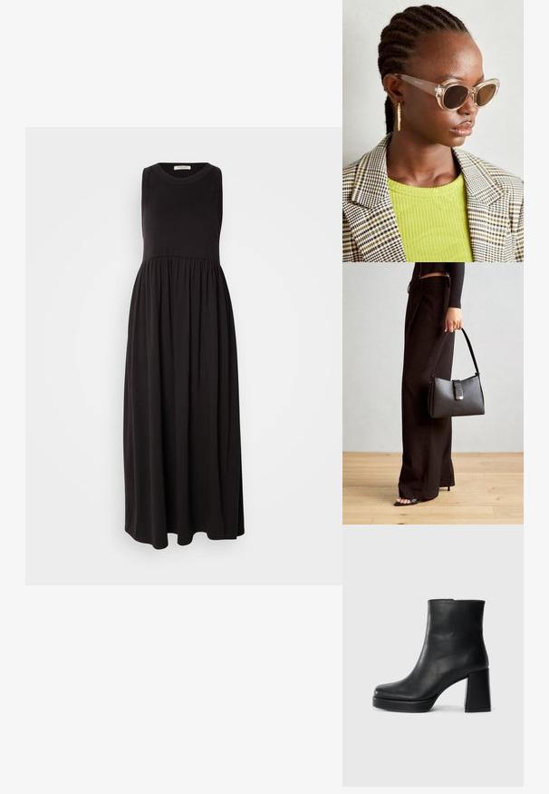 Juodas be rankovių maksi suknelė su apvaliu iškirpimu, susilpninta liemeniu ir plačiu sijonu. Pagaminta iš minkštos, tamprios medžiagos su lygiu paviršiumi.; Juodas odinis kulkšninis botas su bloku ir platformos padu, matomas šoniniu vaizdu ant balto fono.; Skaidrios katės akių saulės akiniai su ruda objektyvo spalva ir skaidriais rėmeliais. Modelis vilki žalią raštuotą viršutinę dalį ir languotą švarką. Auksinės apskritos auskarai.; Juodas rankinė struktūrizuota forma, lygi tekstūra ir metalinis užsegimas. Suporuota su plačiomis juodomis kelnėmis ir atvirais bateliais ant medinių grindų.