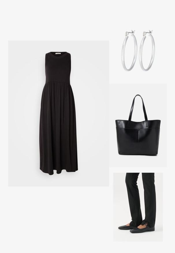 Mustat ilmanhihoiset maksimittaiset mekot, joissa on pyöreä pääntie, kerätty vyötärö ja virtaava hame. Valmistettu pehmeästä ja joustavasta kankaasta, jolla on sileä pinta.; Musta nahkakengät balettityylillä, kärjessä terävä muoto, hihna hopeasoljella, yhdistetty mustiin räätälöityihin housuihin, joissa on halkiohelma.; Musta nahkainen kassi, jossa on kaksi pitkää kahvaa, sileä pinta ja jämäkkä muoto. Sisältää etutaskun lisävarastointia varten.; Hope-silver rengas, joissa on sileä ja kiillotettu pinta. Pyöreä muoto ja turvallinen napsautettava lukitus. Kevyt muotoilu sopii päivittäiseen käyttöön.