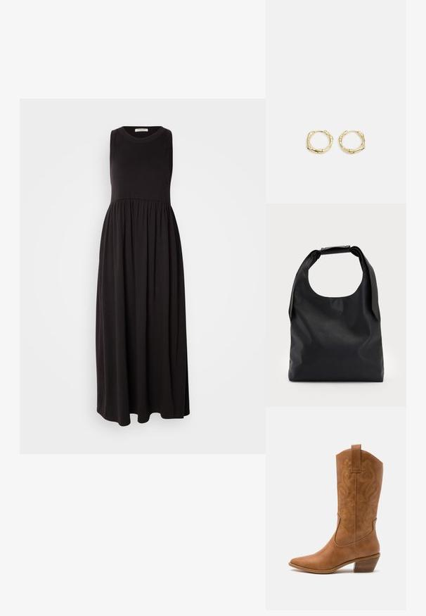 Melnā bezpiegu maxi kleita ar apaļu dekoltē, savilktu jostasvietu un plūstošu svārku. Izgatavota no mīksta, elastīga auduma ar gludu tekstūru.; Brūni ādas kovboju zābaks ar norādītu purngalu, izšūtām viļņveida apakšējo detaļu un sakrautajiem blokiem. Iezīmēts ar velkšanas cilpu ērtai uzvilkšanai.; Melnas ādas rokassoma ar plašu atvērtu augšu un vienu plecu siksnu. Mīksta tekstūra, minimāls dizains, ar smalkiem metāla aksesuāriem.; Zelta riņķveida auskari ar tekstūru un neregulāru formu. Iekļauj bezšuvju aizdari un pulētu virsmas apdari, uzsverot mūsdienīgu dizainu.