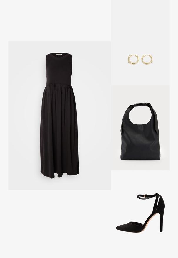 Melnā bezpiegu maxi kleita ar apaļu dekoltē, savilktu jostasvietu un plūstošu svārku. Izgatavota no mīksta, elastīga auduma ar gludu tekstūru.; Melnas zamšādas augstpapēžu kurpes ar pirkstu līdzīgu formu, potītes siksniņu un stiletto papēdi. Dizains raksturojas ar gludu tekstūru un minimālu detalizāciju.; Melna ādas hobo soma ar vienu mīkstu, noapaļotu rokturi; tai ir gluda virsma un minimālistisks dizains. Nav redzamu metāla detaļu vai akcentu.; Zelta riņķveida auskari ar tekstūru un neregulāru formu. Iekļauj bezšuvju aizdari un pulētu virsmas apdari, uzsverot mūsdienīgu dizainu.