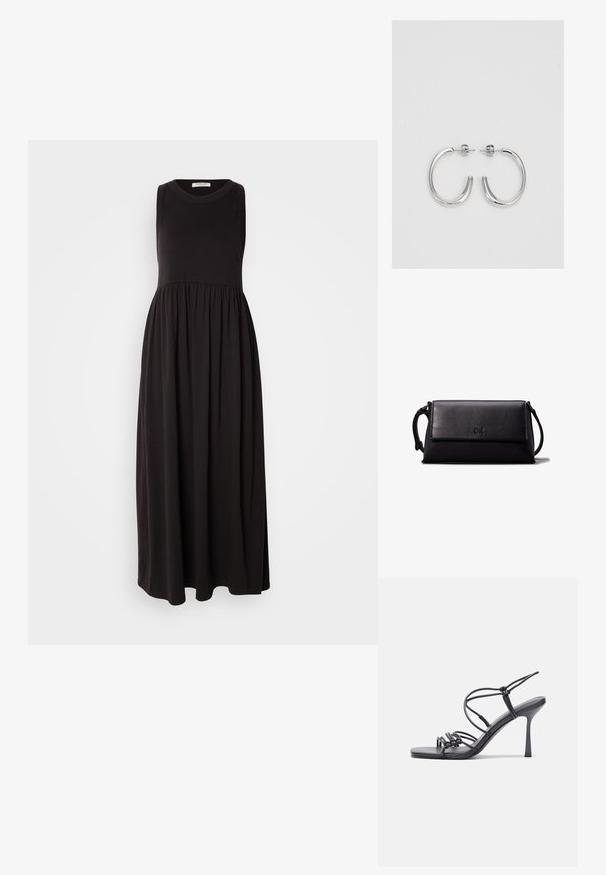 Čierna maxi šaty bez rukávov s okrúhlym výstrihom, naťahovacím pásom a splývavou sukňou. Vyrobené z jemnej, elastickej látky s hladkou textúrou.; Čierne sandále na vysokom podpätku majú tenké remienky s uzlovým dizajnom, hladký štvorcový špičku a elegantný stiletto podpätok.; Čierna kožená clutch taška s obdĺžnikovým tvarom, hladkou textúrou, plochým preklopom a malou rukoväťou na boku. Obsahuje jemné logo.; Strieborné kruhové náušnice s hladkým a lesklým povrchom. Okrúhly tvar, ľahký dizajn, s uzáverom na kolík.