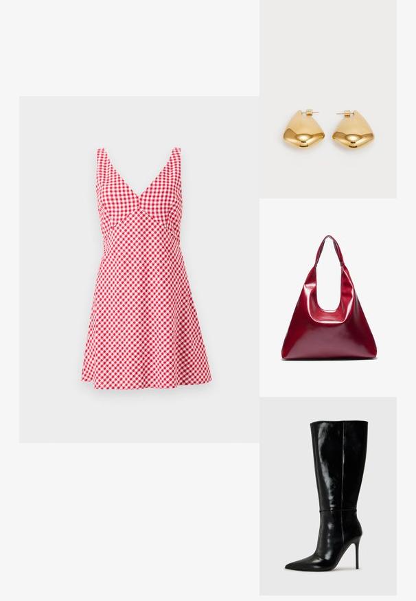 Vestido de cuadro vichy rojo y blanco con escote en V, diseño sin mangas, corsé ajustado y falda acampanada. Hecho de una tela ligera.; Botas de cuero negro hasta la rodilla con punta afilada y tacón alto de aguja. Textura suave y diseño elegante, con detalles mínimos.; Bolso de piel sintética rojo brillante con forma triangular, abertura superior amplia y un asa curva. Textura suave con detalles de costura mínimos.; Pendientes de metal en tono dorado con forma triangular suave y redondeada, y diseño de cierre a presión; superficie reflectante con un detalle mínimo.
