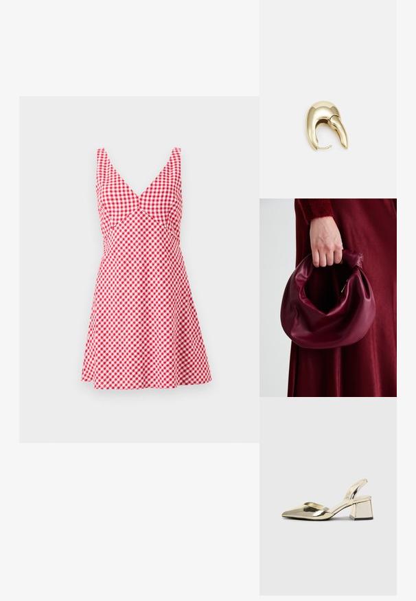 Robe vichy rouge et blanche avec un décolleté en V, sans manches, corsage ajusté et jupe évasée. Fabriquée en tissu léger.; Talons aiguilles dorés métalliques avec un bout pointu et un talon épais. Texture lisse, design minimaliste et une fine bride.; Sac à main en cuir bordeaux au design doux et froncé, avec une forme arrondie. La poignée est fixée, mettant en valeur une texture lisse.; Boucle d'oreille en métal doré avec un design élégant et courbé. Présente une forme conique distinctive, une surface polie et une fermeture à charnière.