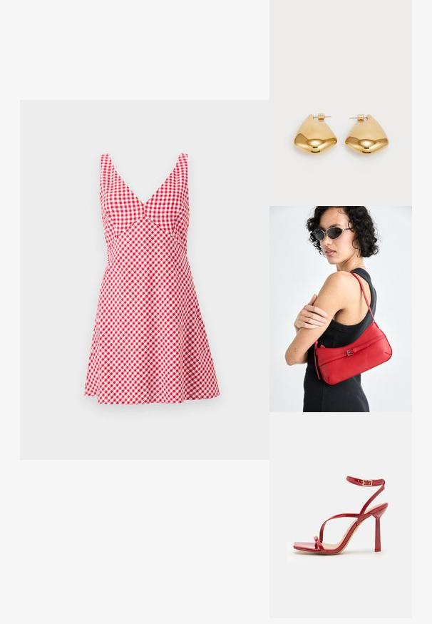 Robe vichy rouge et blanche avec un décolleté en V, sans manches, corsage ajusté et jupe évasée. Fabriquée en tissu léger.; ALDO SCINTILLA - Sandales à talons hauts - red; Sac à épaule en cuir rouge avec une texture lisse, un design courbé et un accent de boucle décorative. Bandoulière ajustable et fermeture à glissière.; Boucles d'oreilles en métal doré avec une forme triangulaire lisse et arrondie et un design à attache de tige ; surface réfléchissante avec un minimum de détails.