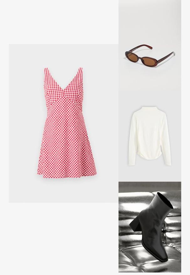 Vestido em xadrez vermelho e branco com decote em V, sem mangas, corpo ajustado e saia rodada. Feito de tecido leve.; Camisa de manga longa em tecido creme, apresentando um leve franzido nas laterais e um colarinho clássico. Textura suave, design simples.; Botim preto de tornozelo feito de material brilhante, com bico quadrado e salto afunilado, posicionado contra um fundo prateado brilhante com detalhes acolchoados.; Óculos de sol redondos, com uma tonalidade castanha e uma armação glossy em bordeaux. Braços finos com um detalhe discreto de marca. Design de lentes planas.