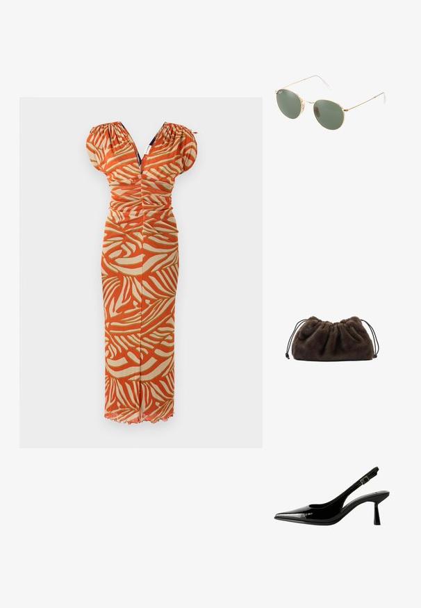 Röd och beige mönstrad klänning med puffärmar, skräddarsydd liv, V-ringning och en jämn textur. Utsvängd nederdel med gatherdetalj.; Svart lackläder slingback pumps med spetsig tå, urklippta sidor, justerbart vristband och en tunn, elegant klack.; Guldmetallbågar solglasögon med gröna linser, rund form, tunna templer och vita plastdetaljer på ändarna av bågarna.; Brun handväska i fuskpäls med samlad design och dragsko. Mjuk textur, rundad form och minimalistisk stil.; Guld hoopörhängen med en strukturerad yta, prydda med en rad små klara kristaller längs kanten och en stiftfästning.