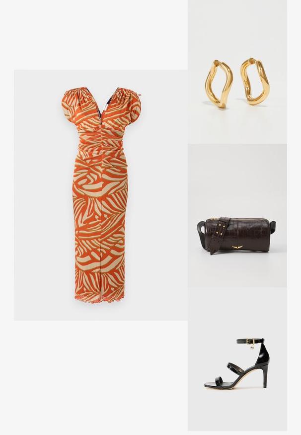 Punainen ja beige kuviollinen mekko puhvihihnoilla, rypytetty runko, V-kaula-aukko ja sileä pinta. Leveä helma, jossa on ryppyjä.; Musta patentoitu nahkasandaali, jossa on kolme hihnaa, nilkkasolki ja 4 tuuman stiletto-korko. Varustettu kultaisilla yksityiskohdilla ja logokoristeella.; Ruskea krokotiilinkuosilla varustettu nahkalaukku, jossa on sylinterimäinen muoto, kultasävyiset yksityiskohdat ja irrotettava hihna, jossa on niittejä.; Kullanışlı ve pürüzsüz bir dokuya sahip, kıvrımlı ve düzensiz bir şekle sahip altın rengi halka küpeler. Görünür donanım veya aksan yok.