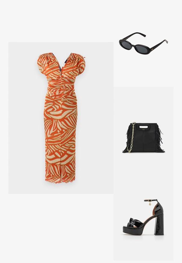 Červené a béžové šaty se vzorem, puff rukávy, řasený korzet, V-výstřih a hladká textura. Rozšířený lem se sklady.; Maje Sandály na vysokém podpatku - noir; Černé oversized sluneční brýle s oválnými čočkami, hladkým plastovým rámem a zlatými akcenty na spáncích. Tmavé čočky poskytují ochranu před sluncem.; Černá kožená kabelka s třásněmi, zlatým řetízkovým ramenním popruhem a rukojetí s výřezem. Na přední straně se nachází logo.