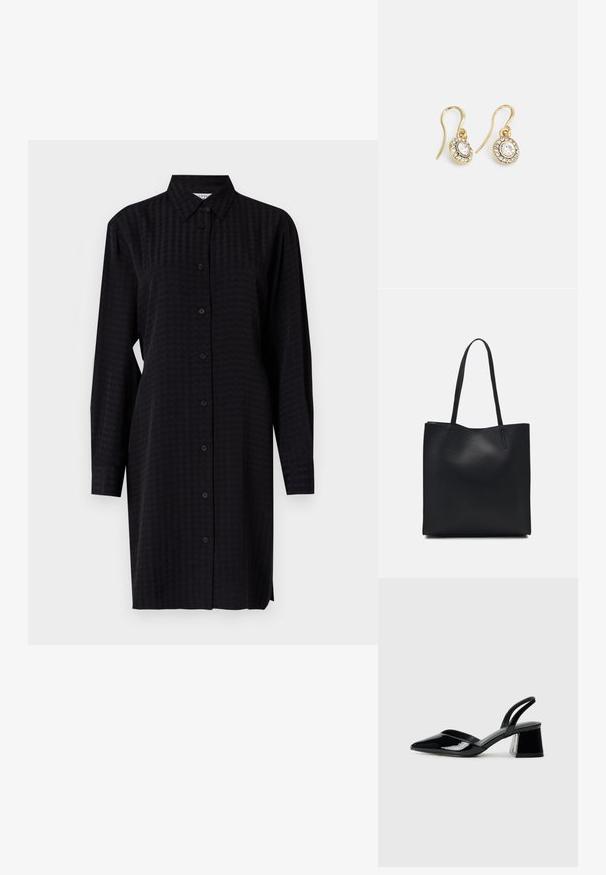 Crna košulja-haljina dugih rukava, s teksturiranim materijalom i ravnim krojem, doseže do sredine butina.; Crne lakirane kožne sandale s otvorenom petom i špicastim vrhom, s geometrijskom blok petom. Imaju elegantan, minimalistički dizajn i glatku teksturu.; Crna kožna torba za nošenje s glatkom teksturom, pravokutnim oblikom i dvije duge ručke. Nema vidljivih metalnih dijelova ili ukrasa.; Zlatne naušnice s ovalnim prozirnim kristalima okruženim manjim prozirnim kamenčićima, s dizajnom na kuku za sigurno nošenje.