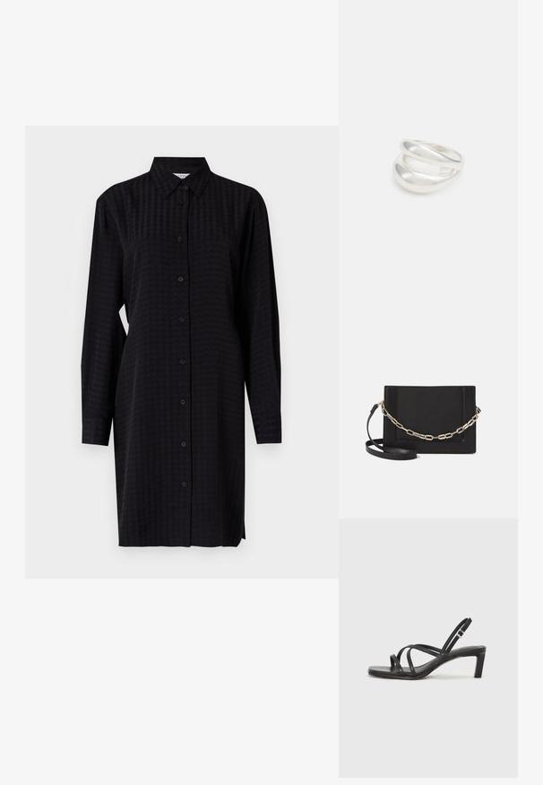 Musta nappikauluspaita, jossa on pitkät hihat, teksturoitua materiaalia ja suora leikkaus. Mekko ulottuu puoliväliin reisiä.; Mustat hihnalligat, joissa on neliön muotoinen kärki ja matala lohkokorko. Ominaisuuksiin kuuluu useita ohuita hihnoja ja säädettävä nilkkahihna. Valmistettu sileästä nahasta.; Musta nahkainen olkalaukku, jossa on sileä pinta, suorakulmainen muoto ja metalliketju yksityiskohtana edessä. Mukana säädettävä hihna.; Hopeinen kaksinkertainen rengas, jossa on sileä, kiillotettu pinta. Siinä on sulava, kaareva muotoilu, jossa on päällekkäisiä osia modernin ilmeen saavuttamiseksi.