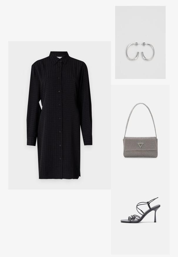 Must have mustahe dress must tulla mustahe mustahe.; Mustad musta värvi kontsandaalid on varustatud peente rihmadega, millel on sõlmekujundus, siledad ruudukujulised varbad ja stiilne stilettokonts.; Helehall metallik handbags, millel on kett, kaunistatud väikeste ümmarguste metallist õmblustega ja kolmnurkse brändi logoga.; Hõbedased rõngaskõrvarõngad, millel on sile ja läikiv pind. Ümar kuju, kerge disain, millel on post-tagumise kinnituse süsteem.