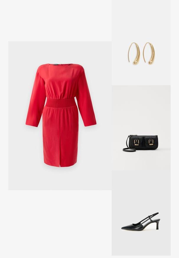 Raudona suknelė su ilgomis rankovėmis ir surinkta juosmeniu. Lygaus audinio, ties keliu besibaigianti, su nugaroje esančiu užtrauktuku. Paprastas, prigludęs dizainas be raštų.; Juodai lakuoti slingback aukštakulniai su smailiu nosiu, su tekstūruotu gyvatės raštu, reguliuojama juosta ir trumpu, tekstūruotu blokiniu kulnu.; Juodas odinis per petį nešiojamas krepšys su dviem priekiniais kišenėmis, auksiniais sagtimis, užtrauktuko uždarymu ir siauromis petnešomis. Textūruota paviršius ir kompaktiškas stačiakampis formatas.; Auksinės metalinės auskarų kabės su lenktą, pailgą forma. Turi lygų, blizgantį paviršių ir užapvalintą galiuką papildomam akcentui.