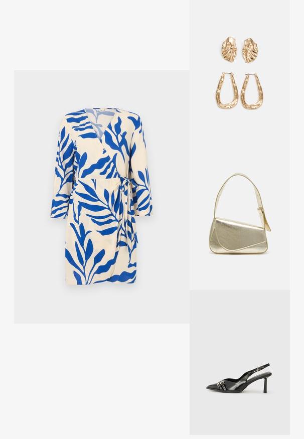 Omslagskjole i beige stoff med blått løvmønster. Har dyp V-hals og trekvartlange ermer, festet i midjen med et knytebånd.; Sorte patentlær slingback-sko med spiss tå, ankelremmer med sølvspenner og detaljer, og en slank hæl.; Gullfarget metallisk håndveske med en strukturert design, glatt tekstur og justerbar stropp. Har en unik trekantet form og minimalistisk søm.; Gullfargede øredobber med teksturerte, bølgete former. Inkluderer skulpturelle klipsstuds og åpen hoop-design med en hamret finish.