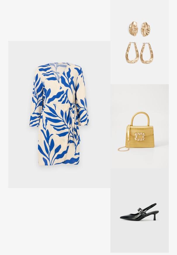 Omslagskjole i beige stoff med blått løvmønster. Har dyp V-hals og trekvartlange ermer, festet i midjen med et knytebånd.; Svarte patent lær slingback hæler med spiss tå og en liten blokkheel, med en sølvspenne som detalj på stroppen.; Gul faux-krokodille veske med en strukturert design, toppen håndtak, avtagbar kjede stropp, og dekorativ krystallbortsettelse på låsen.; Gullfargede øredobber med teksturerte, bølgete former. Inkluderer skulpturelle klipsstuds og åpen hoop-design med en hamret finish.