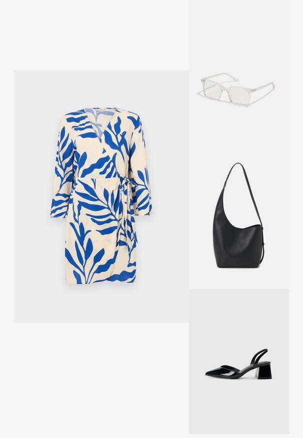 Rochie petrecută din material bej cu model frunze albastre. Are un decolteu adânc în V și mâneci trei sferturi, fixată în talie cu o fundă.; Pantofi cu toc slingback din piele lacuită neagră, cu vârf ascuțit și toc geometric. Prezintă un design elegant, minimalist și o textură netedă.; Ochelari de vedere cu rame pătrate din plastic transparent, dotate cu lentile translucide și accente aurii pe temple pentru un detaliu suplimentar.; Geantă hobo din piele neagră, cu o textură netedă, formă curbată și un singur bretele ajustabil; are o deschidere largă în partea de sus.