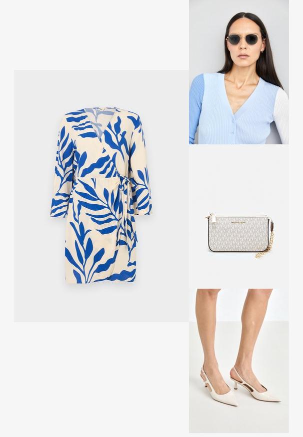 Rochie petrecută din material bej cu model frunze albastre. Are un decolteu adânc în V și mâneci trei sferturi, fixată în talie cu o fundă.; Cizme slingback din piele vopsită bej, cu vârf ascuțit și toc de 5 cm, având laterale decupate și o curea subțire la gleznă.; Ochelari de soare rotunzi cu lentile întunecate și rame aurii. Modelul poartă un cardigan ribbed de culoare albastru deschis cu nasturi și mâneci albe în contrast.; Clutch Michael Kors din canva acoperit bej, cu un model repetitiv al logo-ului MK, accesorii din aur și o curea cu lanț detașabil.