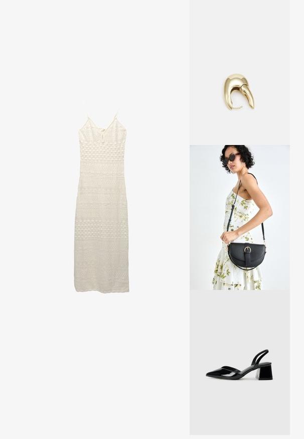 Robe maxi en crochet blanche avec de fines bretelles réglables, présentant un motif complexe de diamants et de lignes sur l'ensemble du tissu.; Escarpins en cuir verni noir avec bout pointu et talon bloc géométrique. Présente un design élégant et minimaliste ainsi qu'une texture lisse.; Sac à main en cuir noir avec une forme courbée, bandoulière amovible et des accessoires en or. Le sac est doté d'un rabat avec un détail de boucle.; Boucle d'oreille en métal doré avec un design élégant et courbé. Présente une forme conique distinctive, une surface polie et une fermeture à charnière.